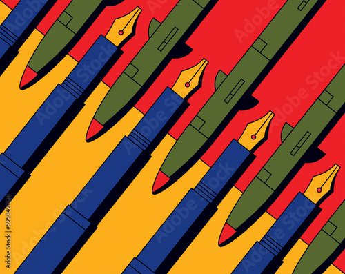 Row of pens interlocked with missiles photo
