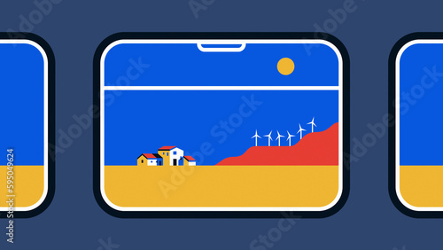 Wind turbines in tranquil scene through train window