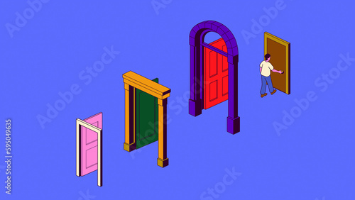 Man opening dull door after passing through colourful doors
