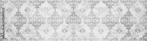 Old gray grey white  retro vintage arabesque wallpaper tile wall texture background banner panorama with seamless floral flowers leaves print pattern photo