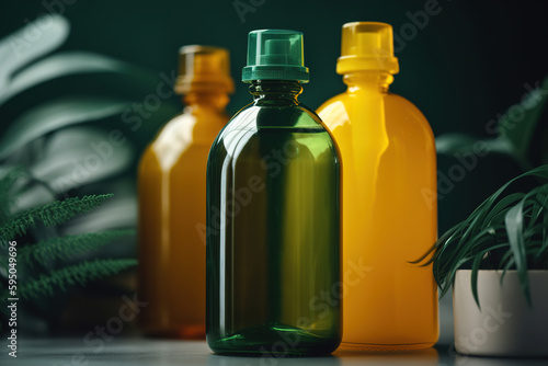 Set of bottle of liquid cosmetic eco product for daily care and green leaves, shampoo or body wash. Generative AI