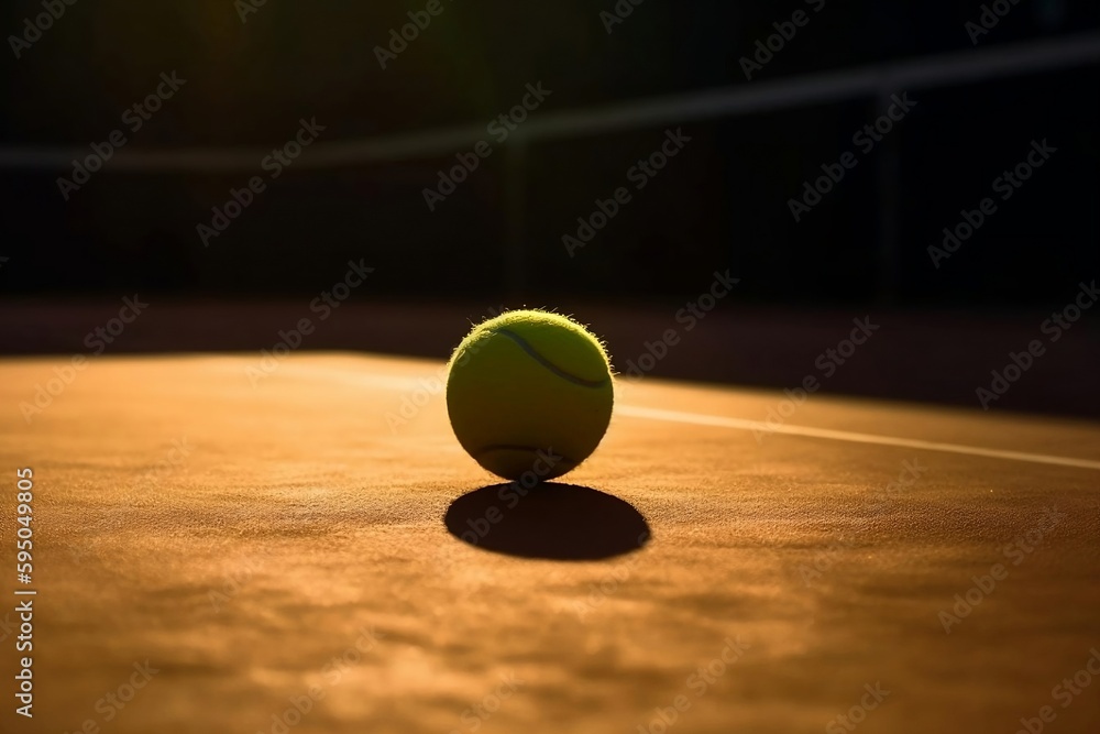 A bright yellow tennis ball rests on the sun-kissed court