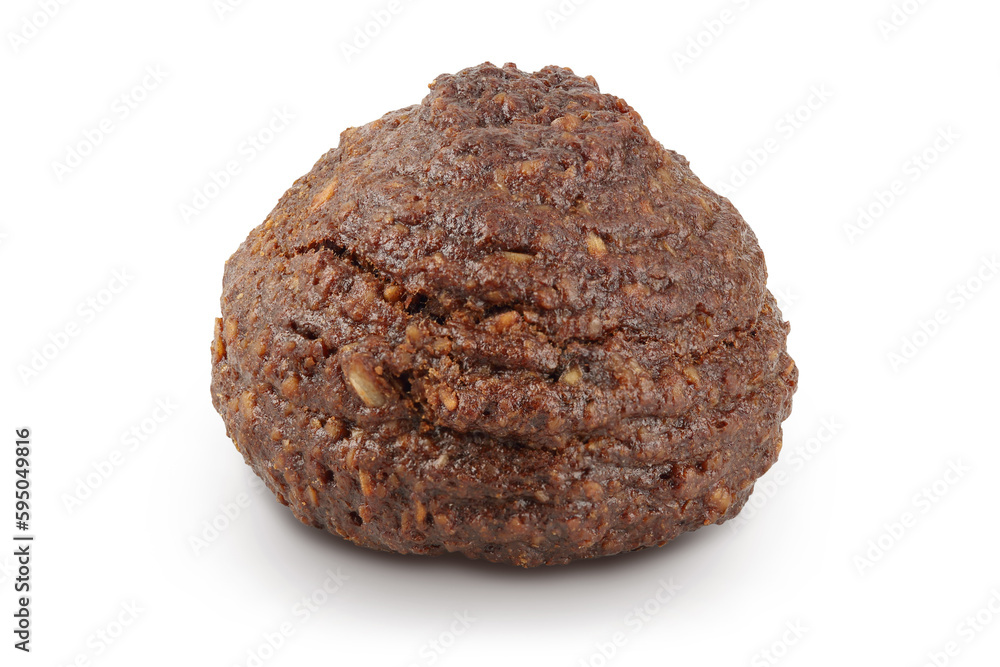 chocolate cookie with kerob, banana, cashew, sunflower seeds and coconut paste isolated on white background. Healthy food, gluten-free, flour-free chocolate cookie with kerob, banana, cashew, sunflower seeds and coconut paste isolated on white background. Healthy food, gluten-free, flour-free