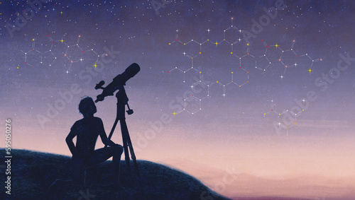 Boy looking at star constellation forming molecular structure photo