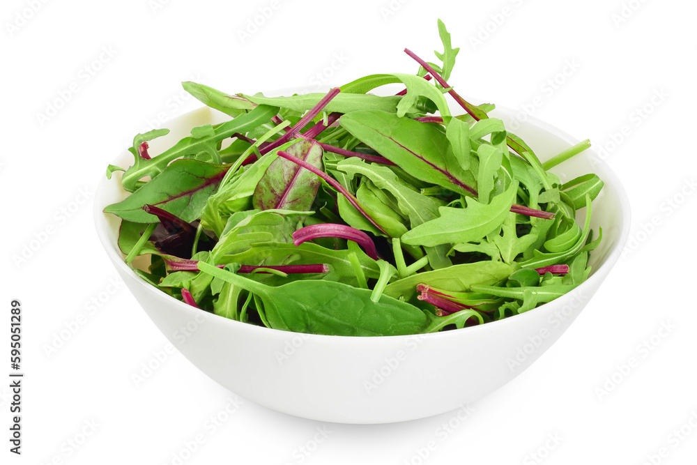 Mix salad - arugula, spinach and chard in the bowl isolated on white background Mix salad - arugula, spinach and chard in the bowl isolated on white background