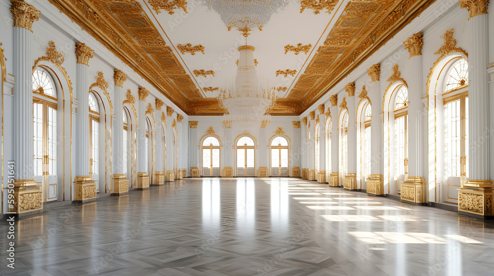 Baroque palace ballroom. Gold with white