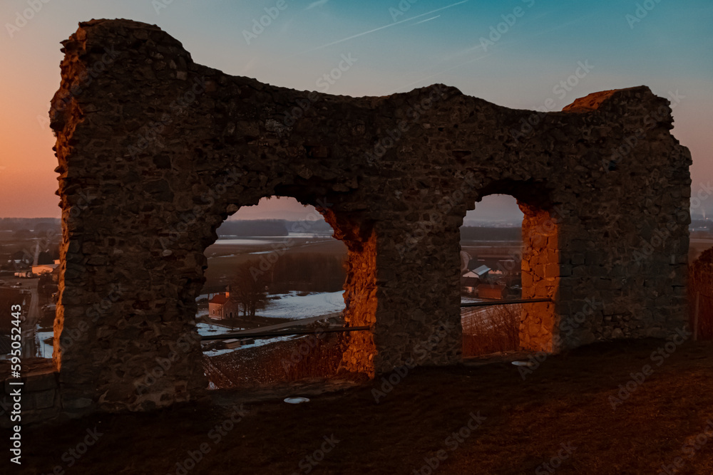 Sunset at castle ruins Winzer, Danube, Deggendorf, Bavaria, Germany