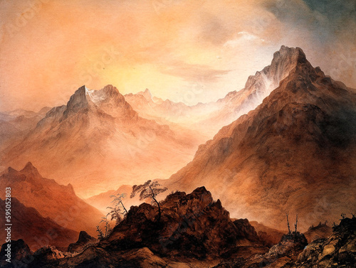 Misty Mountain Range in the Distance: A Watercolor Landscape - generative AI