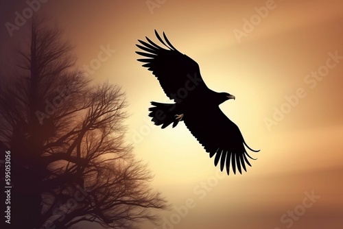 flying wild big bird, silhouette of a soaring eagle. Generative AI