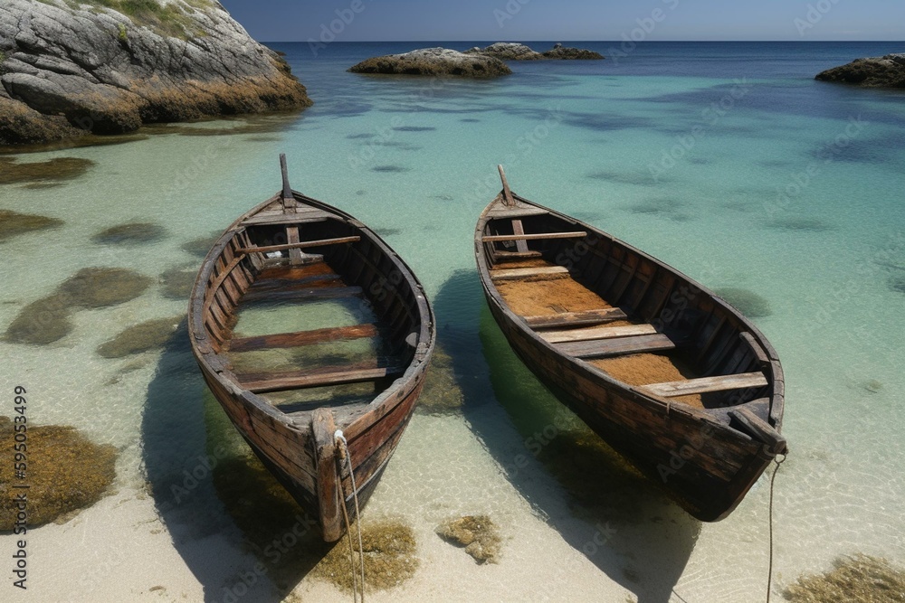 Two old wooden coggles or fishing boats on the clear water. Generative AI