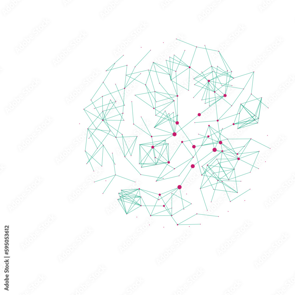 Abstract polygonal communication network, technology wireframe, connected lines and dots, green cherry globe model background