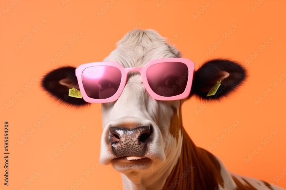 head portrait character cow sunglasses cute funny animal colourful face. Generative AI.