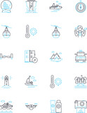 Adventures linear icons set. Exploration, Thrill, Excitement, Quest, Journey, Expedition, Risk line vector and concept signs. Challenge,Escape,Survival outline illustrations