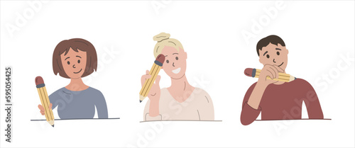 Set of three vector color illustration of studenst with pencils. photo