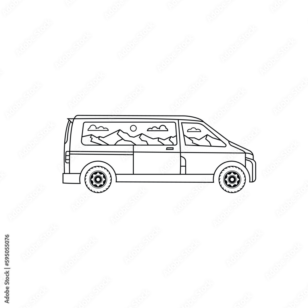 Van with view of nature mountain hill travel family with line art style logo design inspiration