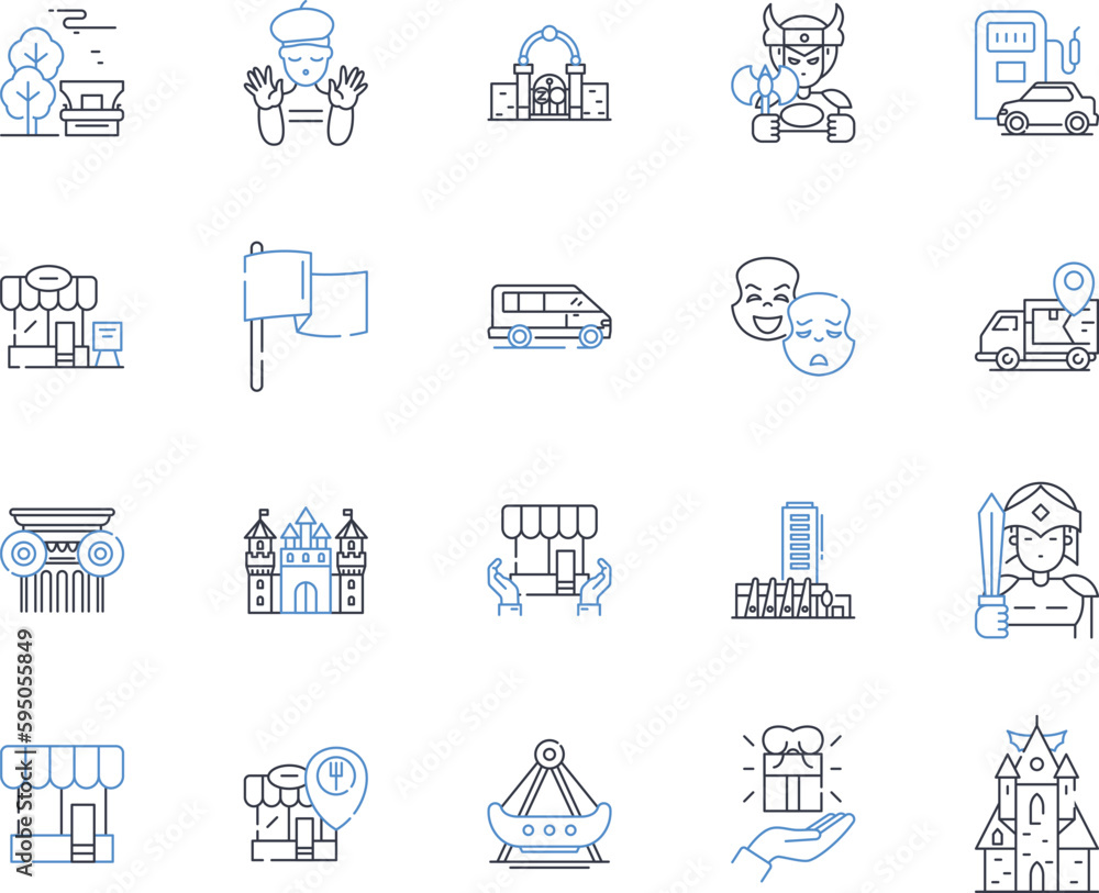 Shopping precinct line icons collection. Boutiques, Department stores, Convenience, Variety, Luxury, Convenience, Thrift vector and linear illustration. Pedestrian,Vibrant,Culture outline signs set
