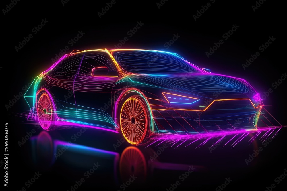 Car line illustration. Car outline. Dark background. Colorful lines. Dots glowing neon light. Generative ai