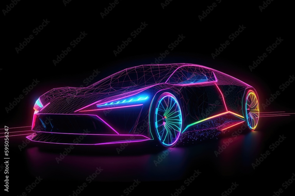 Car line illustration. Car outline. Dark background. Colorful lines. Dots glowing neon light. Generative ai Car line illustration. Car outline. Dark background. Colorful lines. Dots glowing neon light. Generative ai