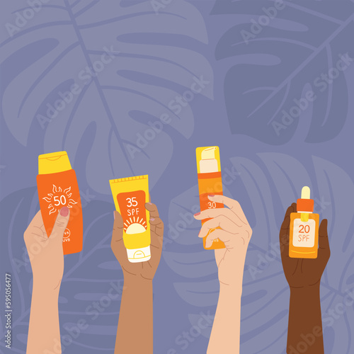 Diverse female hands hold sunscreen products. SPF protection and sun safety concept. Set of sunscreen bottle, cream, lotion with monstera leaves. Hand drawn vector illustration