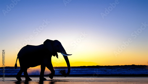 Black silhouette of wild small elephant calf walking alone on the shore of a river in safari at sunset - AI Generative