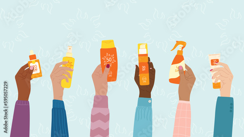Diverse female hands hold sunscreen products. SPF protection and sun safety concept. Set of sunscreen bottle, cream, lotion, spray. Hand drawn vector illustration