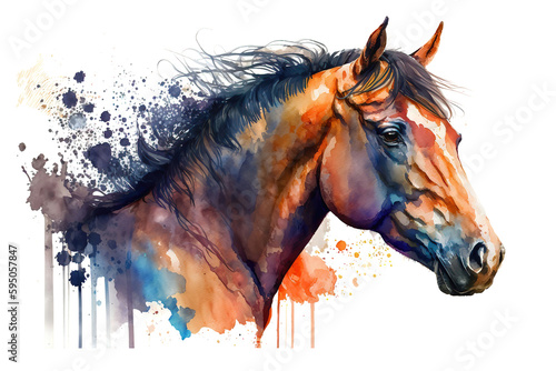 Horse portrait isolated on white, watercolor illustration, generative AI