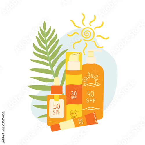 Set of sunscreen product with palm leaf and abstract shape. SPF protection and sun safety concept. SPF sunblock summer products lotion, cream.  Hand drawn vector illustration