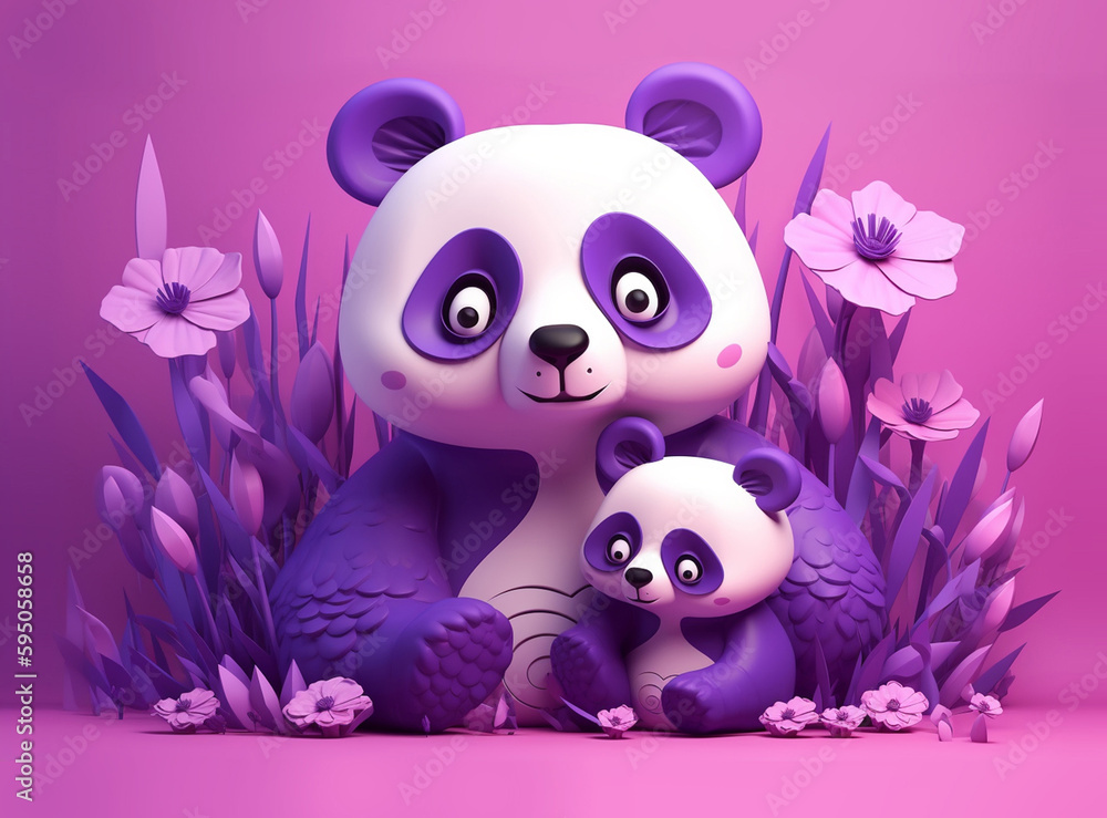 3D cute purple mother panda with baby on purple background. Generative AI
