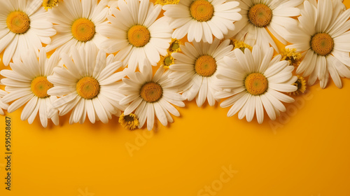 Daisies. spring. Daisy floral patterns, top view, yellow background. made with ai photo