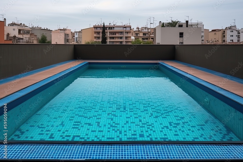 Clean and appetizing blue swimming pool ready to dive in urban surrounding. Generative AI