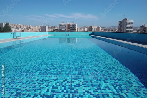 Clean and appetizing blue swimming pool ready to dive in urban surrounding. Generative AI