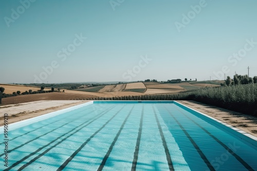 Clean and appetizing blue swimming pool ready to dive in a urbanization. Generative AI