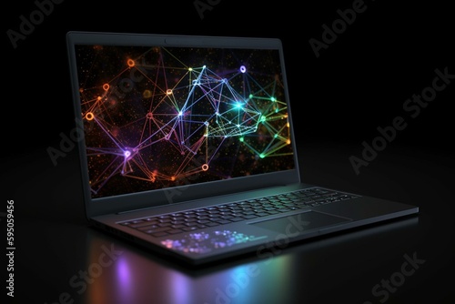 laptop with hologram of a network. Generative AI