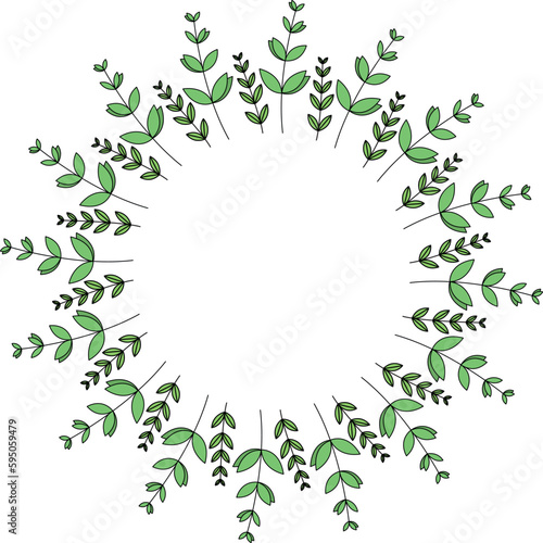 Vector round frame wreath with green branches and leaves.