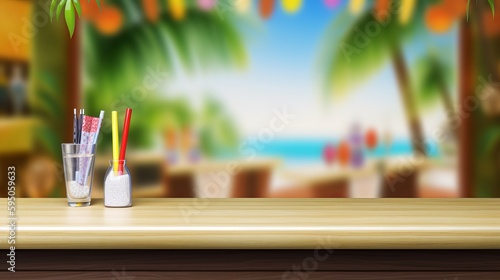 Empty Wooden Table on Sunny Blurred Tropical Bar