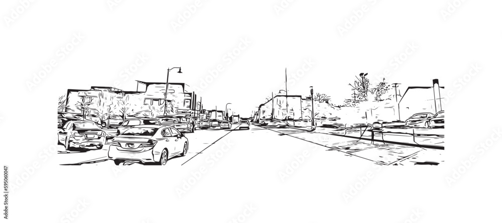 Building view with landmark of Rapid is the city in South Dakota. Hand drawn sketch illustration in vector.