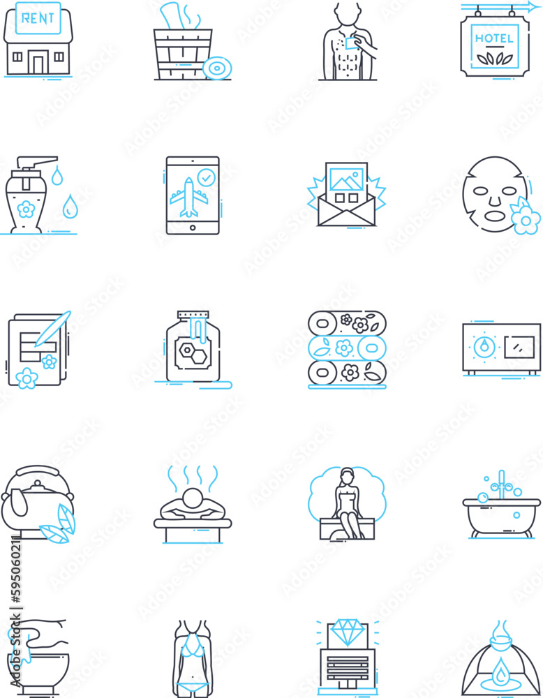 massage therapy linear icons set. Relaxation, Tension, Knots, Pressure, Stress, Sleeptime, Circulation line vector and concept signs. Wellness,Detoxification,Flexibility outline illustrations