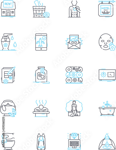 massage therapy linear icons set. Relaxation, Tension, Knots, Pressure, Stress, Sleeptime, Circulation line vector and concept signs. Wellness,Detoxification,Flexibility outline illustrations