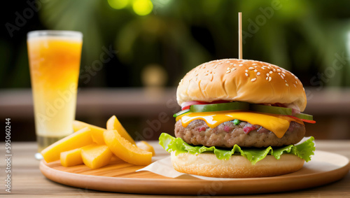 hamburger on the table in a cafe, tropical landscape, delicious food, generative ai. photo