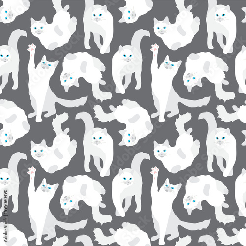 Beautiful cute light white pet cats on a dark gray background. Seamless animal pattern. Vector illustration
