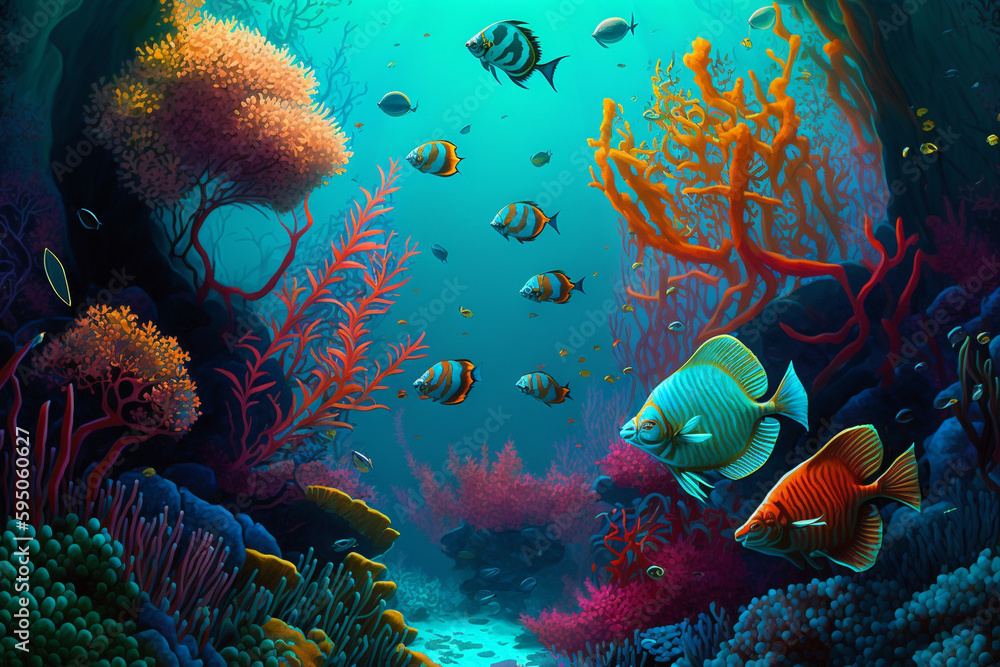 Obraz premium Harmonious Marine Life in a Vibrant Coral Reef - Generative AI Art
