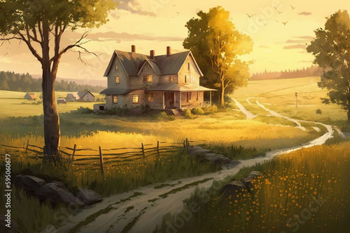 Peaceful countryside sunset with golden fields and rustic farmhouse - Generative AI landscape art