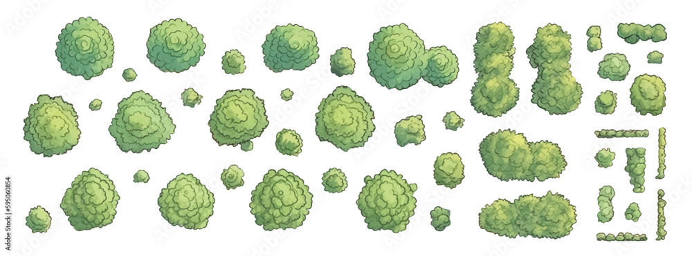 Set of various trees, bushes and shrubs, top view for landscape design plan or game design. Vector illustration in cartoon style, isolated on white background. - obrazy, fototapety, plakaty 