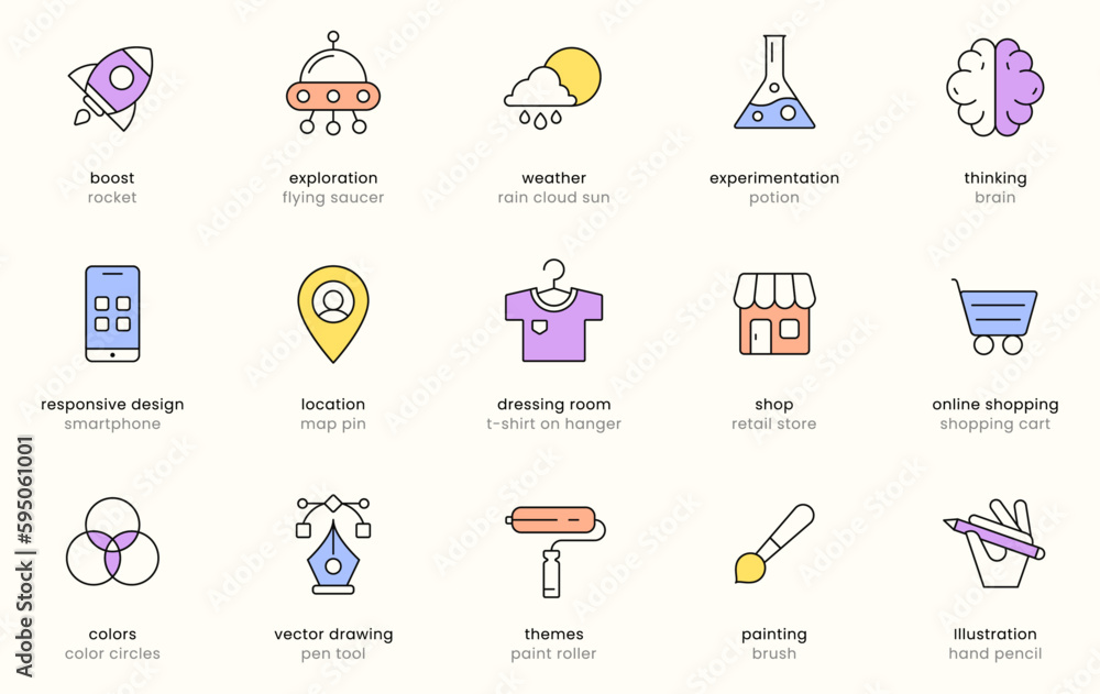 Creative icons. Icon set with various themes. Creativity and innovation symbols. Flat vector illustrations. Isolated elements. Pictograms for web. Signs collection for content creator. Outline icons. Creative icons. Icon set with various themes. Creativity and innovation symbols. Flat vector illustrations. Isolated elements. Pictograms for web. Signs collection for content creator. Outline icons.