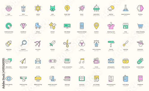 Creative business icons. Digital work icon set. Creativity and innovation symbols. Flat vector illustrations. Isolated elements. Pictograms for web. Signs collection for content creator.