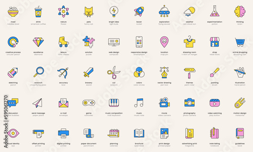 Creative business icons. Digital work icon set. Creativity and innovation symbols. Flat vector illustrations. Isolated elements. Pictograms for web. Signs collection for content creator.