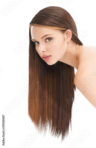 Face, beauty and haircare of woman with long hair isolated on a transparent png background. Natural cosmetics, hairstyle portrait and serious female model with salon treatment for growth or balayage.