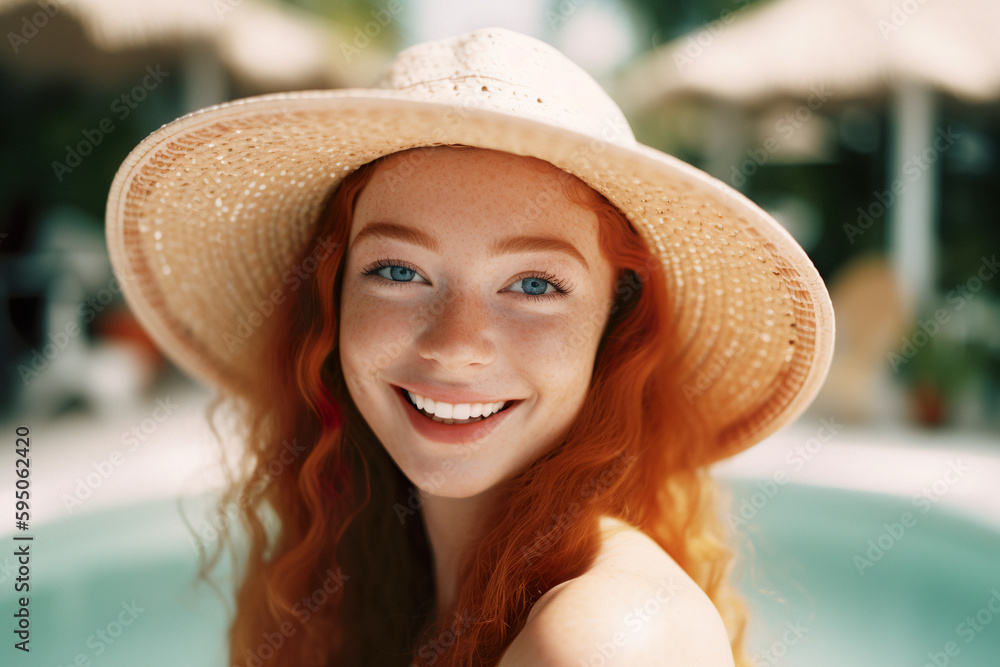 Girl with white hat relaxing in a swimming pool. Generative Ai