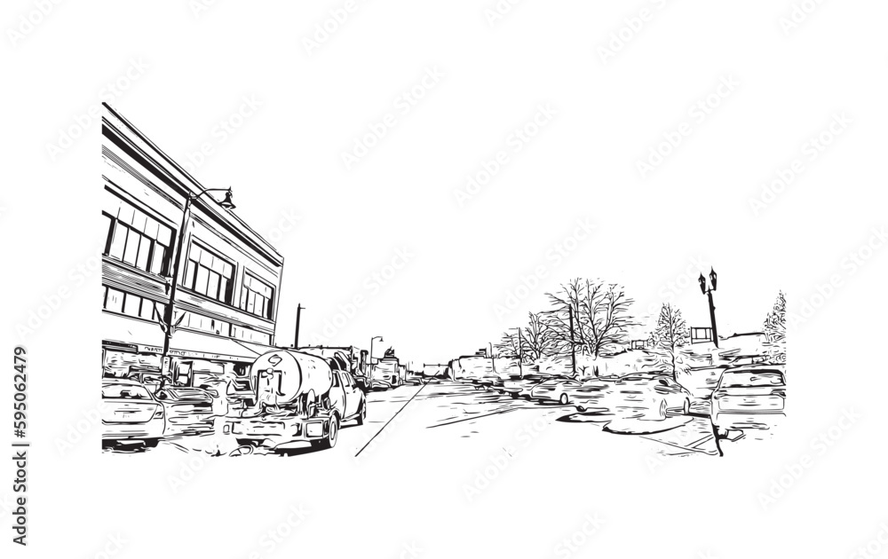 Fototapeta premium Building view with landmark of Rapid is the city in South Dakota. Hand drawn sketch illustration in vector.