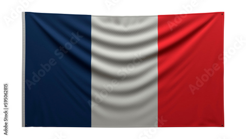 Textured flag. The flag of France hangs on the wall. Texture of dense fabric. The flag is pinned to the wall. French flag on a transparent background. 3Drender